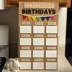 a classroom birthday calendar on a kitchen counter