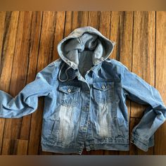 Brand New Denim Hooded Jacket Gray Jersey Hood, Removable Light Distressing Denim Hoodie Jacket, Denim Sherpa Jacket, Zara Denim Jacket, Denim Jacket With Hoodie, Denim Hoodie, Grey Trench Coat, Hooded Denim Jacket, Adidas Track Suit, Crop Jean Jacket