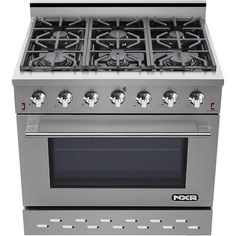 a stainless steel stove with four burners and two oven doors on the front side