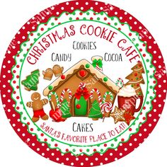 a christmas cookie cafe logo on a red and white polka doted plate with gingerbreads, cookies, candy, and hot chocolate