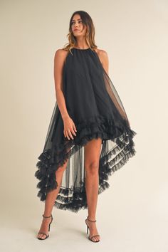 Slip into something special with this solid tulle mesh maxi dress! It's packed with features like the high-low ruffle tier detail and invisible zipper, so you can make a statement without saying a word. Plus, the lightweight fabric and figure-flattering silhouette will keep you feeling comfy and confident all night long! Ruffle High Low Dress, High Low Casual Dress, Hi Low Dress, Chic High-low Ruffled Dress, High Low Dress Pattern, Black Asymmetrical Dress With Ruffle Hem, Elegant Asymmetrical Ruffle Dress With High-low Hem, Chic Asymmetrical Ruffle Dress With High-low Hem, Elegant Black Asymmetrical High-low Dress