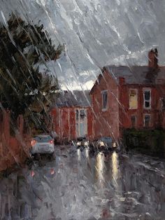 an oil painting of a rainy street scene with cars parked on the road and houses in the background