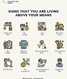 a poster with the words, signs that you are living above your means and symbols