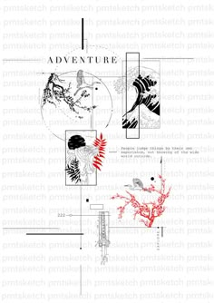 an advertisement for the japanese art book adventure, with red and black images on it