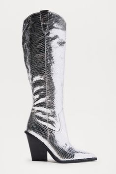 Available In Black And Silver. Knee High Cowboy Boots Pointed Toe 3.7" High Heel Block Heel Imported | Brighton Cowboy Boots in Silver size 6.5 by Fashion Nova High Cowboy Boots, Knee High Cowboy Boots, Black And Silver, Brighton, Cowboy Boots, Silver Fashion, High Heel, Knee High, Sale Items