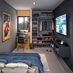 a bedroom with a bed, desk and television in it