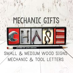 a sign that says mechanic gifts with tools in it and the words, small & medium wood signs mechanical & tool letters