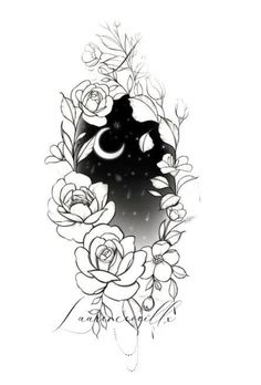 a black and white tattoo design with roses, moon and leaves on it's side