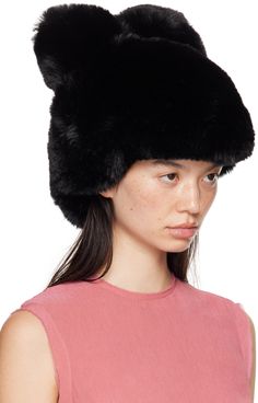 Faux-fur hat in black. · Bow at crown · Satin lining Supplier color: Black Black Faux Fur Hat For Fall, Black Hat With Faux Fur Lining, Fur Black Hat, Black Fur Headband, Luxury Black Fur Felt Hat, Black Faux Fur Hat With Faux Fur Trim, Faux Fur Hat, Fur Hat, Black Bow