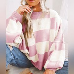 Beautiful Pink And White Spring Oversized Sweater Checkered Pattern Bishop Sleeves Knit Crew Neck 1 Small 1 Medium 1 Large 1 X-Large Pull Orange, Khaki Sweater, Pull Rose, Oversize Pullover, Plaid Sleeve, Puff Sleeve Sweater, Bishop Sleeve, Plaid Design, Checkered Pattern