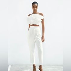 Zara High-Waisted Pants Saize Xs Color White High Waisted Pants With Pronounced Seams At Front And Back. Front Welt Pockets. Front Zip, Metal Hook, And Inside Button Closure. 7102/562 White Cropped Bottoms For Party, Cropped White Party Bottoms, Chic Cropped Bottoms For Spring, Fitted Cropped Pantsuit For Spring, Chic Cropped Pants For Summer, Spring Cropped Fitted Pantsuit, Elegant Cropped Bottoms For Spring, Elegant Cropped Bottoms For Party, Elegant Cropped Party Bottoms