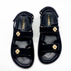 This Is An Authentic Pair Of Chanel Black Tweed Velcro Dad Sandals. These Are Crafted Of Black Tweed Fabric And Feature Adjustable Straps With Gold And Resin Pearl Floral Accents. Includes Dust Bags, Size 38.5 Slight Imperfections From Storage, Never Worn. Chanel Black Sandals, Chanel 2025 Spring Summer, Chanel Dad Sandals, Sandals Chanel, Carrie Bradshaw Outfits, Dad Sandals, Resin Pearl, Fav Products, Shoes Chanel