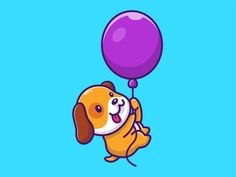 a cartoon dog flying with a purple balloon