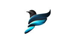 an abstract bird logo with blue and black colors on it's wings, flying in the air