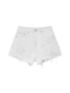 Details: Denim shorts in white Frayed edges Dramatic distressing throughout Five-pocket styling Frayed star across Materials & Care: 100% Cotton Machine wash | Dry clean Do not bleach Size & Fit: Model is 5'7", Bust 32, Waist 24, Hips 35, wearing a size S *This item is final sale* Item #: LL2DP12 Cute Clothes White Background, White Shorts Aesthetic, Edges Dramatic, Shorts Png, White Short Shorts, White Shorts Outfit, Grunge Shorts, Sparkly Shorts, Short Blanc