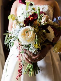 a bride holding a bouquet of flowers in her hands