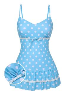 Blue 1940s Spaghetti Strap Polka Dots One-Piece Swimsuit | Retro Stage Cutecore Bathing Suit, Blue Gyaru Outfit, Swimdress Cute, Retro Stage, Polka Dot One Piece, Swimsuit Blue, Vintage Swimsuit, Standard Dress, Make Waves