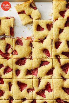 strawberry shortbreads cut into squares and placed on a cutting board with text overlay