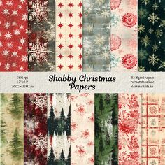 christmas paper pack featuring snowflakes, trees and other holiday decorations with the words shabby