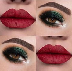 Green Eye Makeup With Red Lips, Red Lip With Green Dress, Green Makeup Christmas, Green Eyeshadow Red Lips, Green And Red Eyeshadow, Cinco De Mayo Makeup, Dark Fey, Makeup Verde, Mexican Makeup