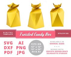 three gold colored candy boxes with bows on the top and sides, all in different sizes