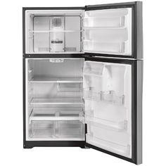 an open refrigerator freezer with its door ajar and no ice maker on the inside