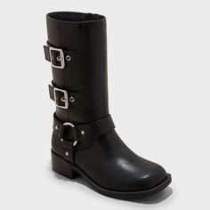 Your child will be ready take on cooler-weather days in style with these Dee Tall Buckle Boots from art class™. Made from faux leather, these black boots are elevated by a harness strap accented with a silver-tone ring along with matching buckles and grommets running down the side. Set on a 1.25-inch block heel with a textured TPR outsole, these mid-calf boots are finished with a side zipper fastening for a snug, secure fit. art class™: One-of-a-kind looks for the one and only you. Fall Outdoor Combat Boots With Buckle Closure, Fall Combat Boots With Buckle Closure For Outdoor, Black Moto Boots With Buckle For Outdoor, Black Moto Boots With Buckle Closure For Outdoor, Fall Black Combat Boots With Buckle Closure, Black Combat Boots With Buckle Closure For Fall, Trendy Faux Leather Moto Boots With Buckle, Trendy Faux Leather Moto Boots With Buckle Closure, Black Mid-calf Boots With Buckle Closure For Fall