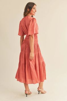 Satin Maxi Dress Flowy Sleeves V-shape Neckline Ruffled Skirt Sinched Elastic Waist Material: 100% Polyester Handwash Cold. Hang to Dry. Formal Boho Coral Dress, Coral Color Sun Dress, Coral Confortti Dress, Coral Dress Outfit, Dress Flowy Sleeves, Maxi Dress Flowy, Peach Clothes, Salmon Dress, Coral Outfit