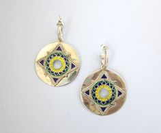 Show-stopping earrings with a dangling enamel disc on small open hoop - Lai Silver Hoop Enamel Jewelry, Silver Enamel Hoop Jewelry, Festive Silver Enamel Jewelry, Nickel-free Enamel Round Hoop Earrings, Hand Painted Round Jewelry For Festivals, Open Hoop Earrings, Jaipur India, Jaipur, Fair Trade