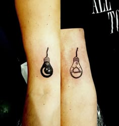 two people with tattoos on their arms, one has a light bulb and the other has a bomb