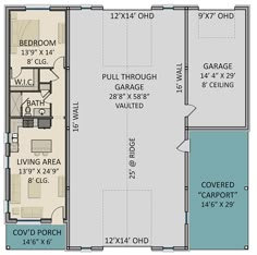 the floor plan for a two bedroom apartment with an attached garage and living room area