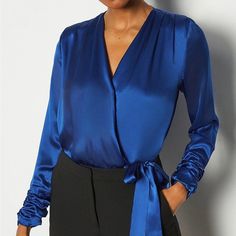 Size Xs Blue Banana Republic Silk Wrapped Blouse. Blue V-neck Blouse For Evening, Elegant Blue Top For Night Out, Chic Blue Blouse For Night Out, Elegant Blue Blouse For Brunch, Blue Satin Blouse, Wrapped Blouse, Blue Banana, Silk Wrap, Satin Blouse