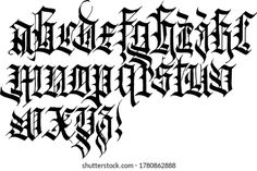 an old english gothic font that has been altered to be black and white, with the letters