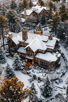 an aerial view of a large house in the woods with snow on the ground and trees around it