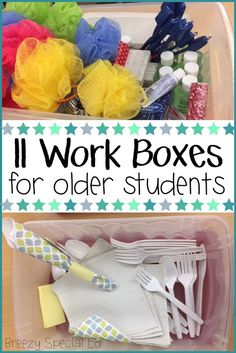 there are two boxes filled with different items and the words i work boxes for older students