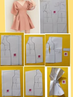 the instructions for how to make a dress with sleeves and collars are shown in four different pictures