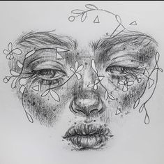 a pencil drawing of a woman's face with flowers on her forehead and eyes