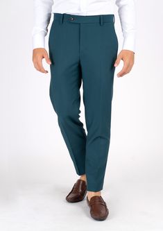 Diamantia Teal Stretch Pants - SARTORO Fitted Cotton Trousers, Elegant Green Tapered Leg Pants, Green Slim Fit Trousers, Fitted Full-length Cotton Dress Pants, Formal Stretch Cotton Dress Pants, Green Full-length Pants For Business Casual, Tailored High-waisted Cotton Pants, Elegant Full Length Cotton Pants, Fitted Cotton Dress Pants With Tapered Leg