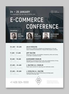 a flyer for an e - commerce conference with three people on the front and back