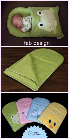 baby sleeping in a green blanket with four different designs on the bottom, and one has a