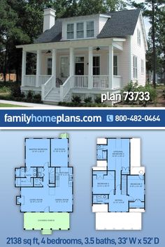 two story house plans with porches and wrappers on the second floor are shown