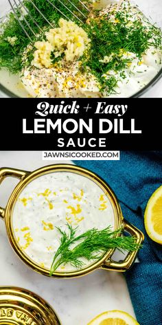 lemon dill sauce in a glass bowl next to sliced lemons