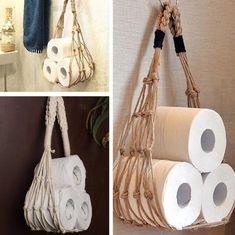 four different types of toilet paper hanging on the wall and in various stages of being used