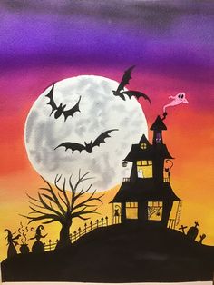 a painting of a halloween house with bats flying over it and a full moon in the background