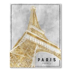 the eiffel tower is shown in gold and silver on a gray background with white lettering