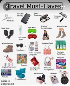 travel must - haves poster with various items