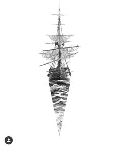 a black and white photo of a ship in the ocean with an upside down view