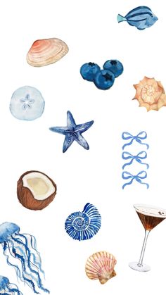 watercolor painting of different types of sea animals and seashells on a white background