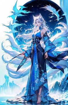 a woman with white hair and blue dress