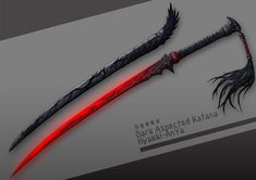 an image of two swords with red streaks on them and black blades in the middle